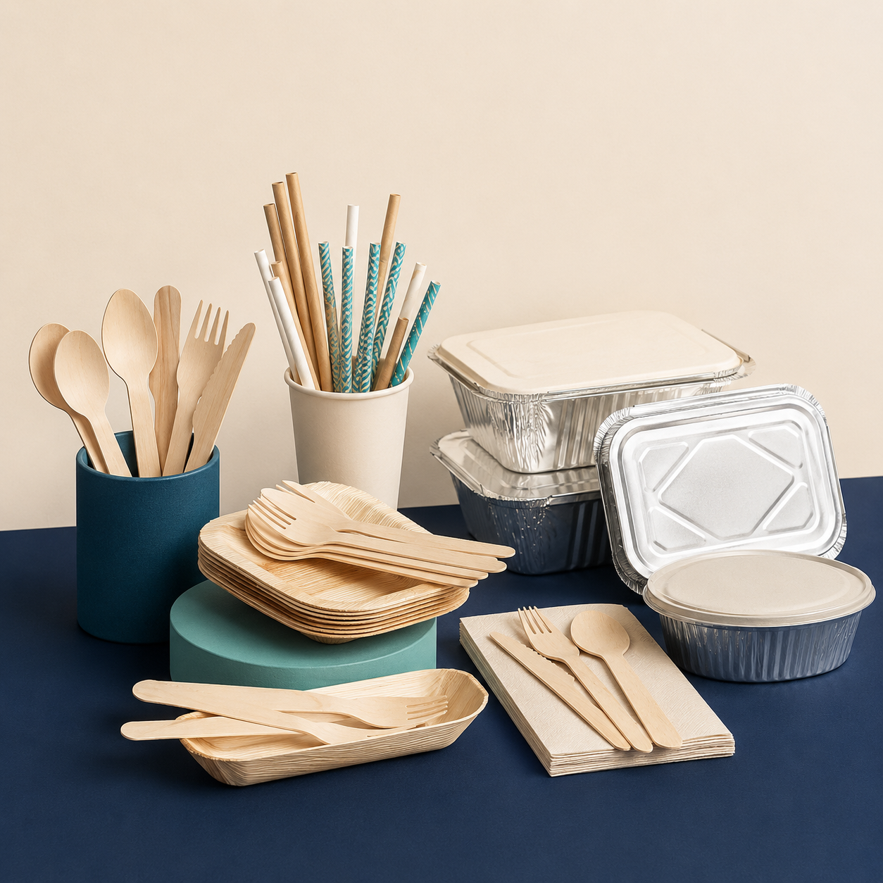 Disposable cutlery, paper straws and foil trays