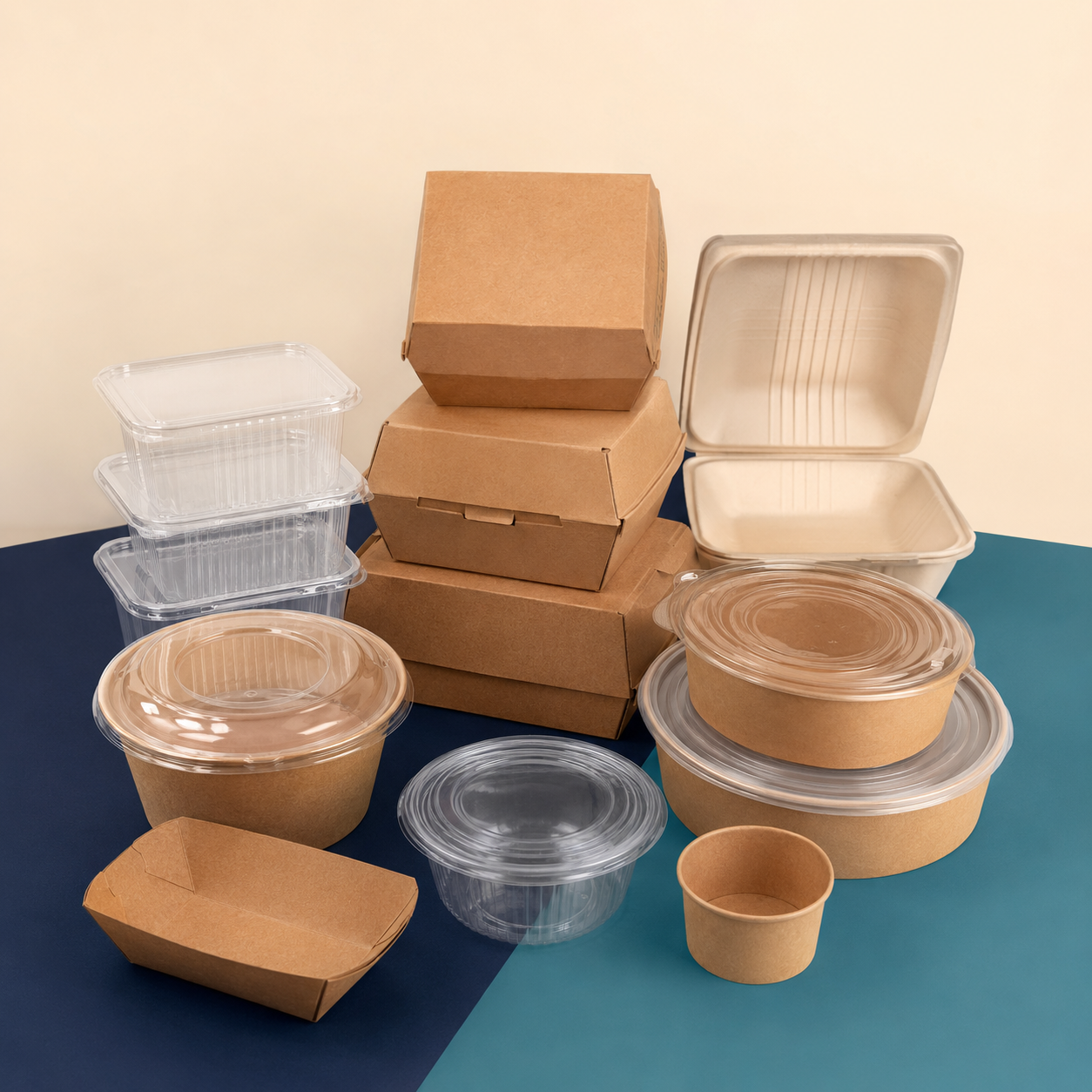 Assorted food containers and takeaway boxes