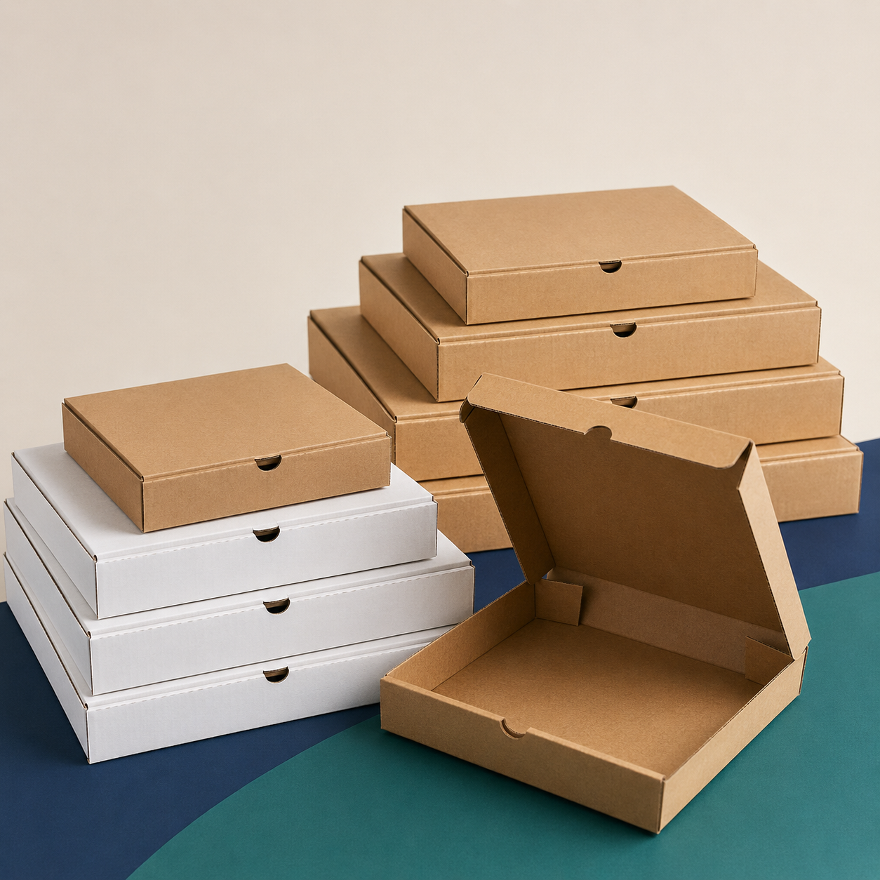 Plain kraft and white pizza boxes