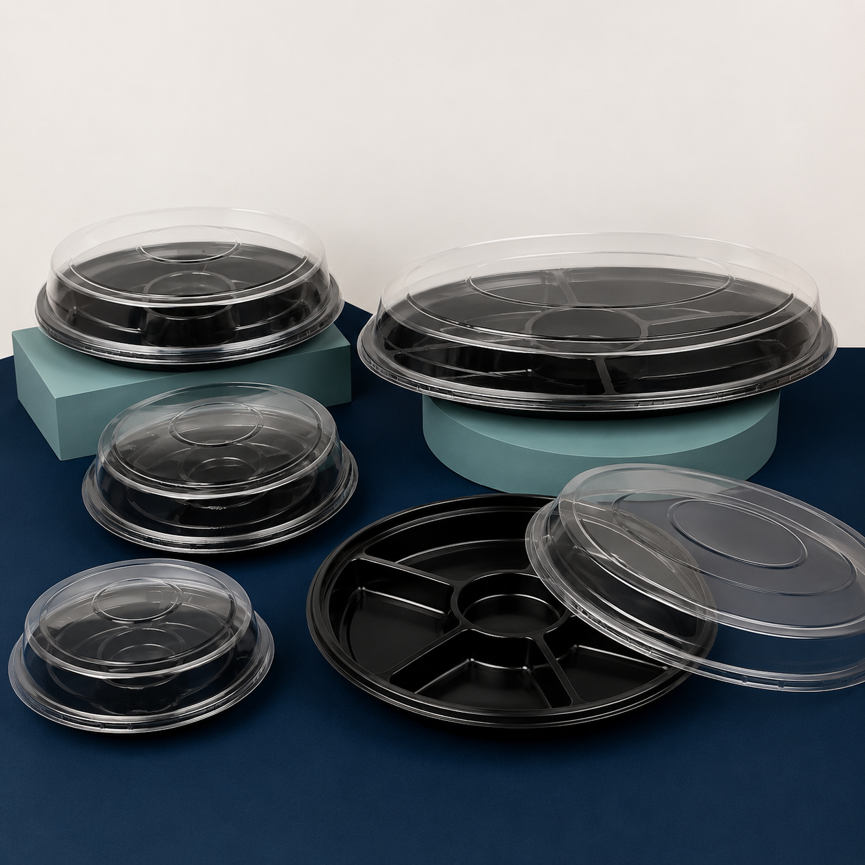 Black catering platter trays with clear fitted lids