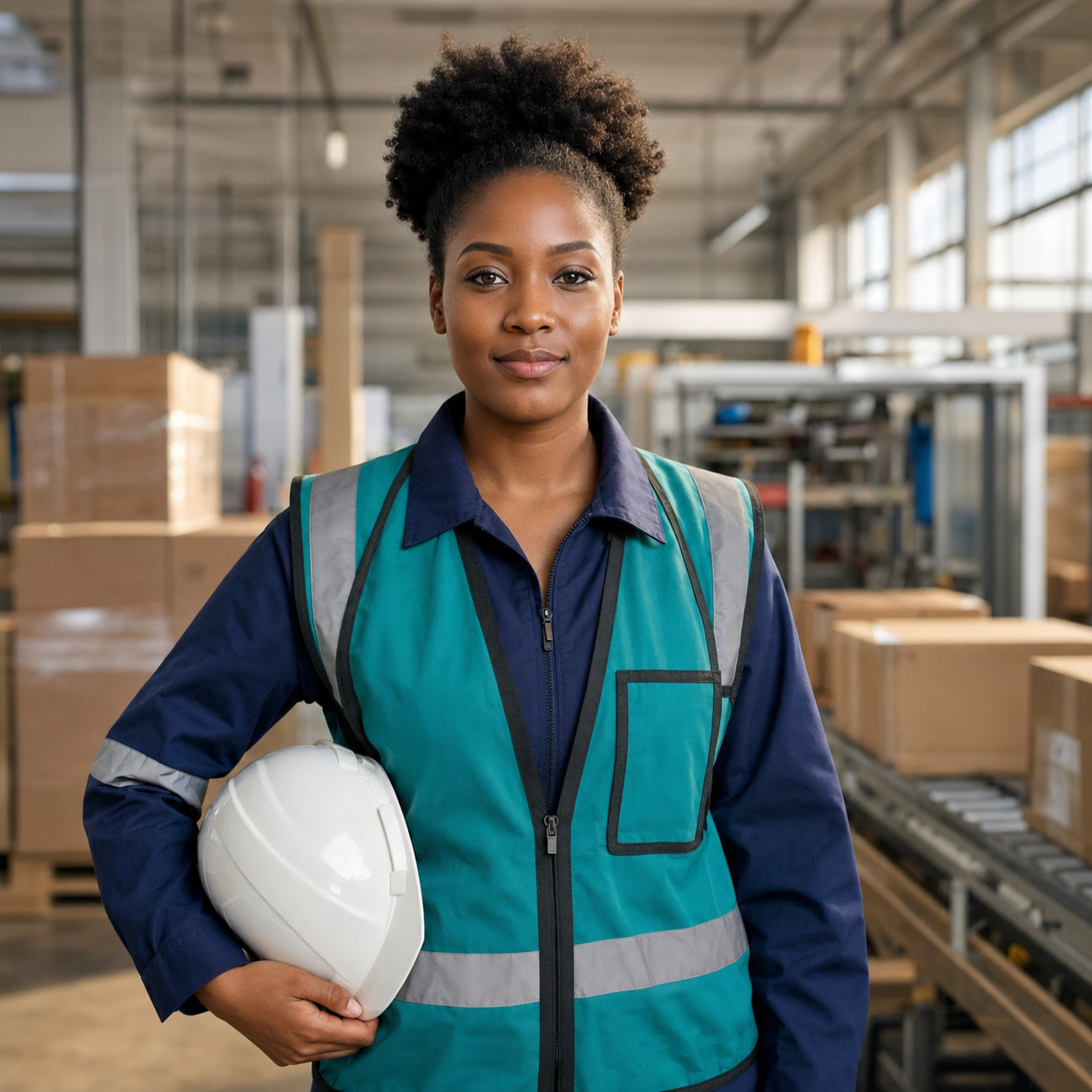Sarah Kanduna in a packaging production facility