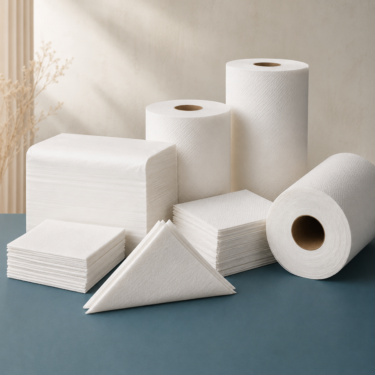 Serviettes and paper towel rolls