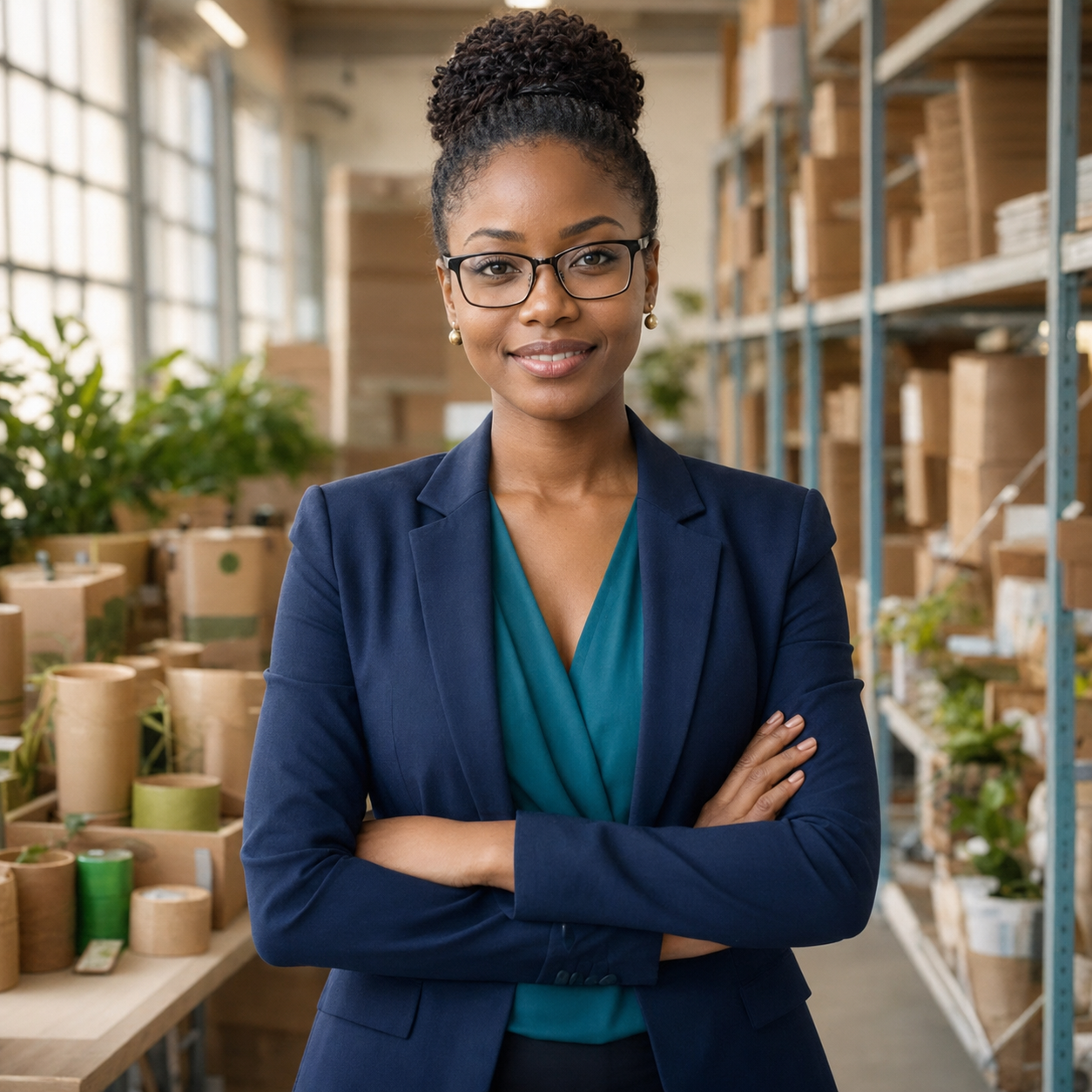 Tariro Mapira wearing eyeglasses in a packaging showroom